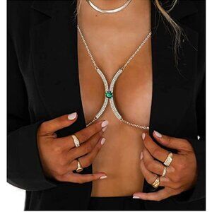 Luxe Emerald Silver Crystal Pendant Chest Bra Chain Harness Necklace Body Jewelr